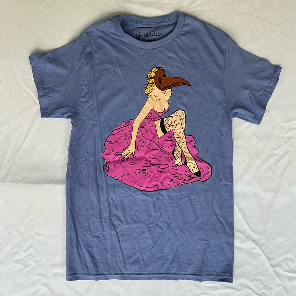 Spencer’s Threadless . Lavender Tee with Vibrant Woman with Mask Graphic